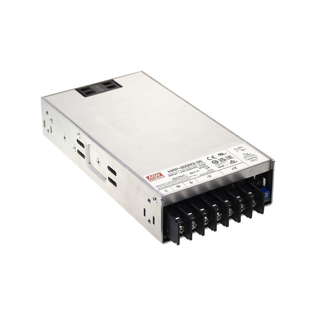 MEAN WELL HRP-300N3-36 AC-DC Single output enclosed power supply; Output 36Vdc at 9A; 350% peak power upto 5 seconds; constant current limiting; withstand 5G vibration; fanless, free air convection; 1U 41mm low profile. MEAN WELL HRP-300N3-36 AC-DC Single output enclosed power supply; Output 36Vdc at 9A; 350% peak power upto 5 seconds; constant current limiting; withstand 5G vibration; fanless, free air convection; 1U 41mm low profile.