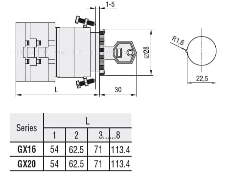 Lovato Electric GX1656U12 GX1656U12 Lovato - Rotary cam switch GX series, changeover switch without 0, 3 poles 16A, for front mounting without front plate with key operation for hole dia: 22mm fixing Lovato Electric GX1656U12 GX1656U12 Lovato - Rotary cam switch GX series, changeover switch without 0, 3 poles 16A, for front mounting without front plate with key operation for hole dia: 22mm fixing