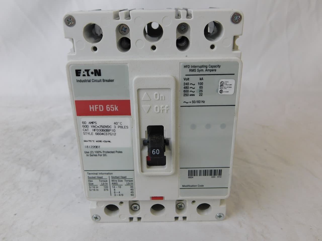 Eaton HFD3060 HFD3060 Eaton - Eaton Series C complete molded case circuit breaker, F-frame, HFD, Complete breaker, Fixed thermal, Fixed magnetic trip type, Three-pole, 60 A, 600 Vac, 250 Vdc, Load side, 50/60 Hz Eaton HFD3060 HFD3060 Eaton - Eaton Series C complete molded case circuit breaker, F-frame, HFD, Complete breaker, Fixed thermal, Fixed magnetic trip type, Three-pole, 60 A, 600 Vac, 250 Vdc, Load side, 50/60 Hz