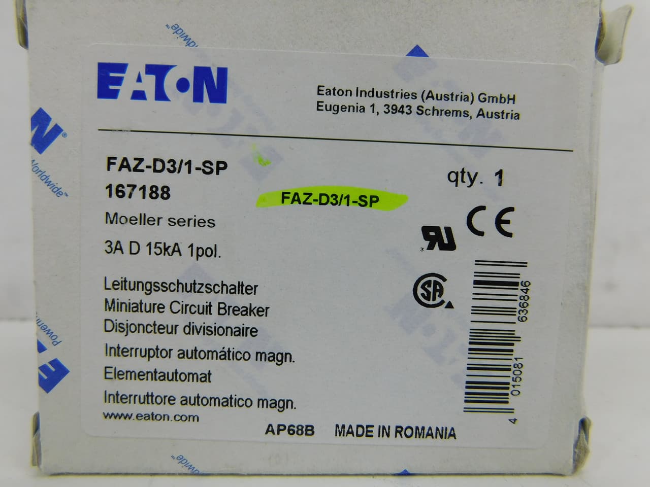 Eaton FAZ-D3/1-SP FAZ-D3/1-SP Eaton - UL 1077 Industrial Miniature Circuit Breaker - Supplementary Protector Eaton FAZ-D3/1-SP FAZ-D3/1-SP Eaton - UL 1077 Industrial Miniature Circuit Breaker - Supplementary Protector