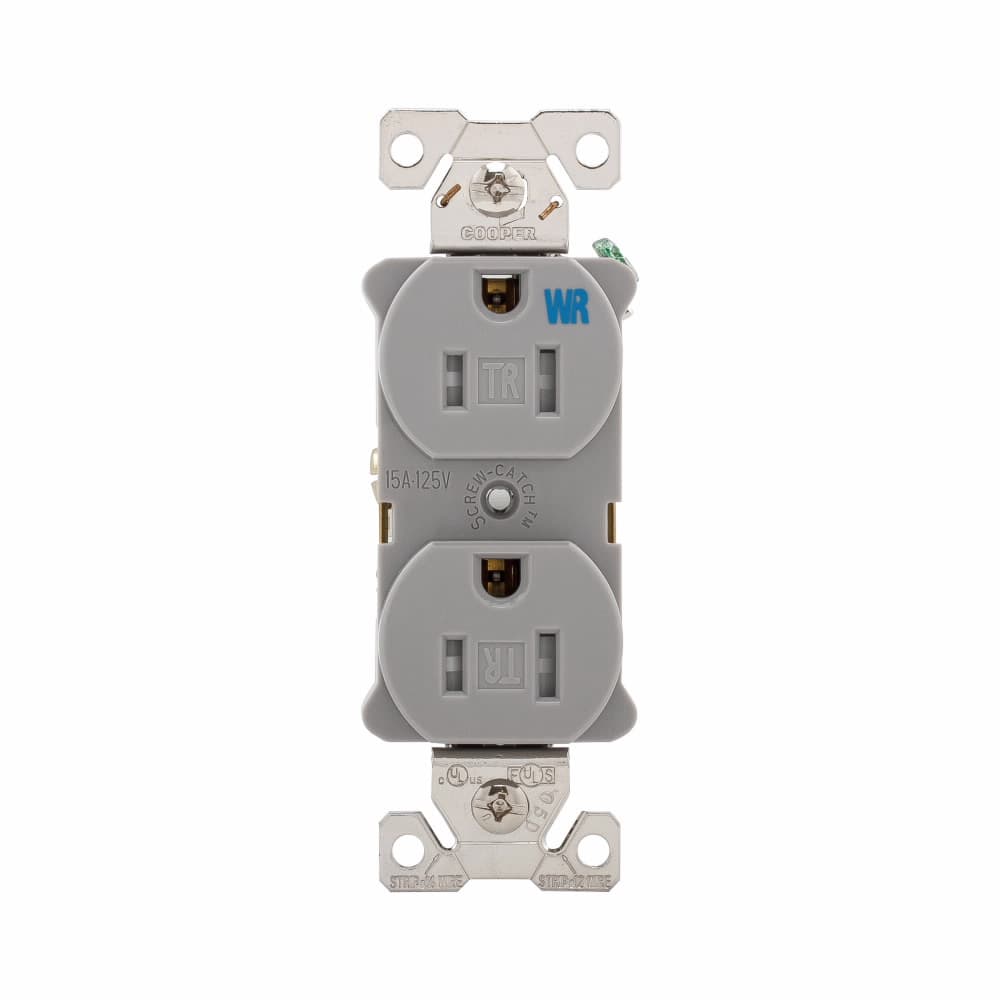 Eaton TWRBR15GY TWRBR15GY Eaton - Eaton commercial specification grade duplex receptacle,#14-10 AWG,15A,Commercial,Flush,125V,Back and side,Gray,Nickel-plated brass,Weather resistant,Impact-resistant nylon face,Glass-filled nylon base,5-15R,Duplex,Screw,Nylon,Core pack Eaton TWRBR15GY TWRBR15GY Eaton - Eaton commercial specification grade duplex receptacle,#14-10 AWG,15A,Commercial,Flush,125V,Back and side,Gray,Nickel-plated brass,Weather resistant,Impact-resistant nylon face,Glass-filled nylon base,5-15R,Duplex,Screw,Nylon,Core pack