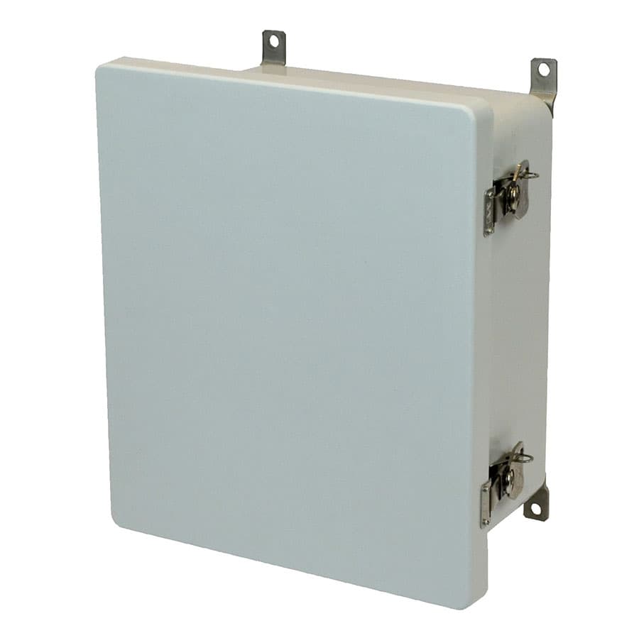 Allied Moulded Products AM1648T 16"x14"x8" AM Series fiberglass wall mount enclosure assembly with hinged cover and stainless-steel twist latch Allied Moulded Products AM1648T 16"x14"x8" AM Series fiberglass wall mount enclosure assembly with hinged cover and stainless-steel twist latch