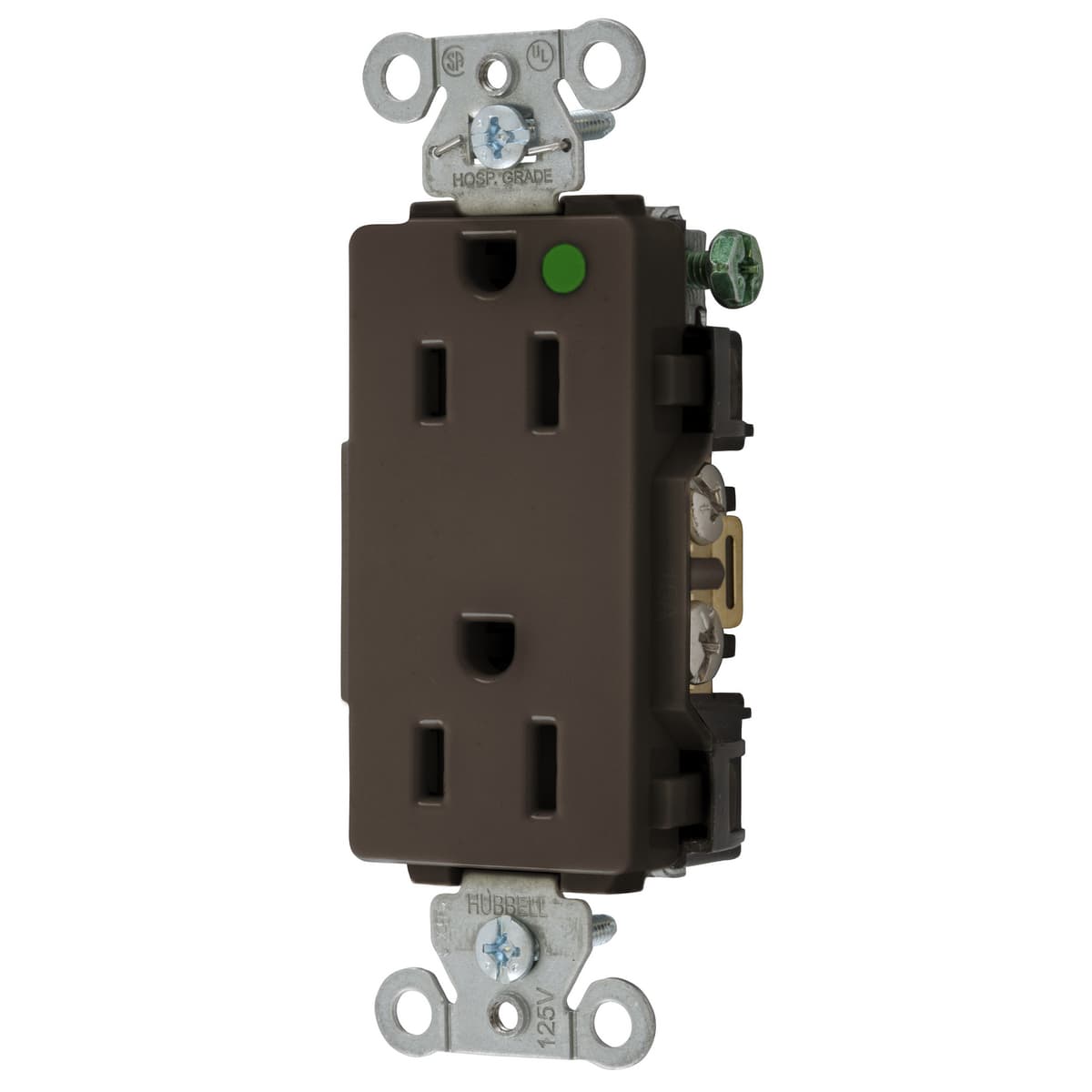 Hubbell 2172 Straight Blade Devices, Decorator Duplex Receptacle, Hospital Grade, Hubbell-Pro, 15A 125V, 2-Pole 3-Wire Grounding, 5-15R, Brown.  ; Triple wipe contacts ; High impact resistant decorator face ; Steel mounting strap ; Self Grounding, USA Product Hubbell 2172 Straight Blade Devices, Decorator Duplex Receptacle, Hospital Grade, Hubbell-Pro, 15A 125V, 2-Pole 3-Wire Grounding, 5-15R, Brown.  ; Triple wipe contacts ; High impact resistant decorator face ; Steel mounting strap ; Self Grounding, USA Product