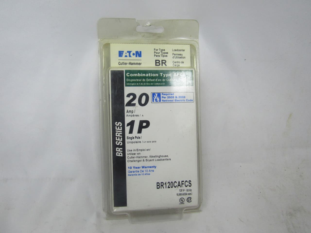 Eaton BR120CAFCS BR120CAFCS Eaton - Eaton BR AFCI circuit breaker, Arc fault, clamshell pack, 20A, 10 kAIC, Single-pole, 120/240V, BR, #14-4 AWG Cu/Al, Q30, Type BR Loadcenters Eaton BR120CAFCS BR120CAFCS Eaton - Eaton BR AFCI circuit breaker, Arc fault, clamshell pack, 20A, 10 kAIC, Single-pole, 120/240V, BR, #14-4 AWG Cu/Al, Q30, Type BR Loadcenters